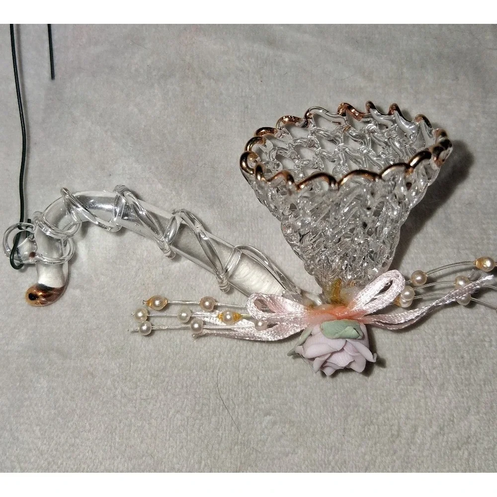 Lot of 4 Spun Glass instrument Ornaments Gold Trim Pink Roses Vintage Style